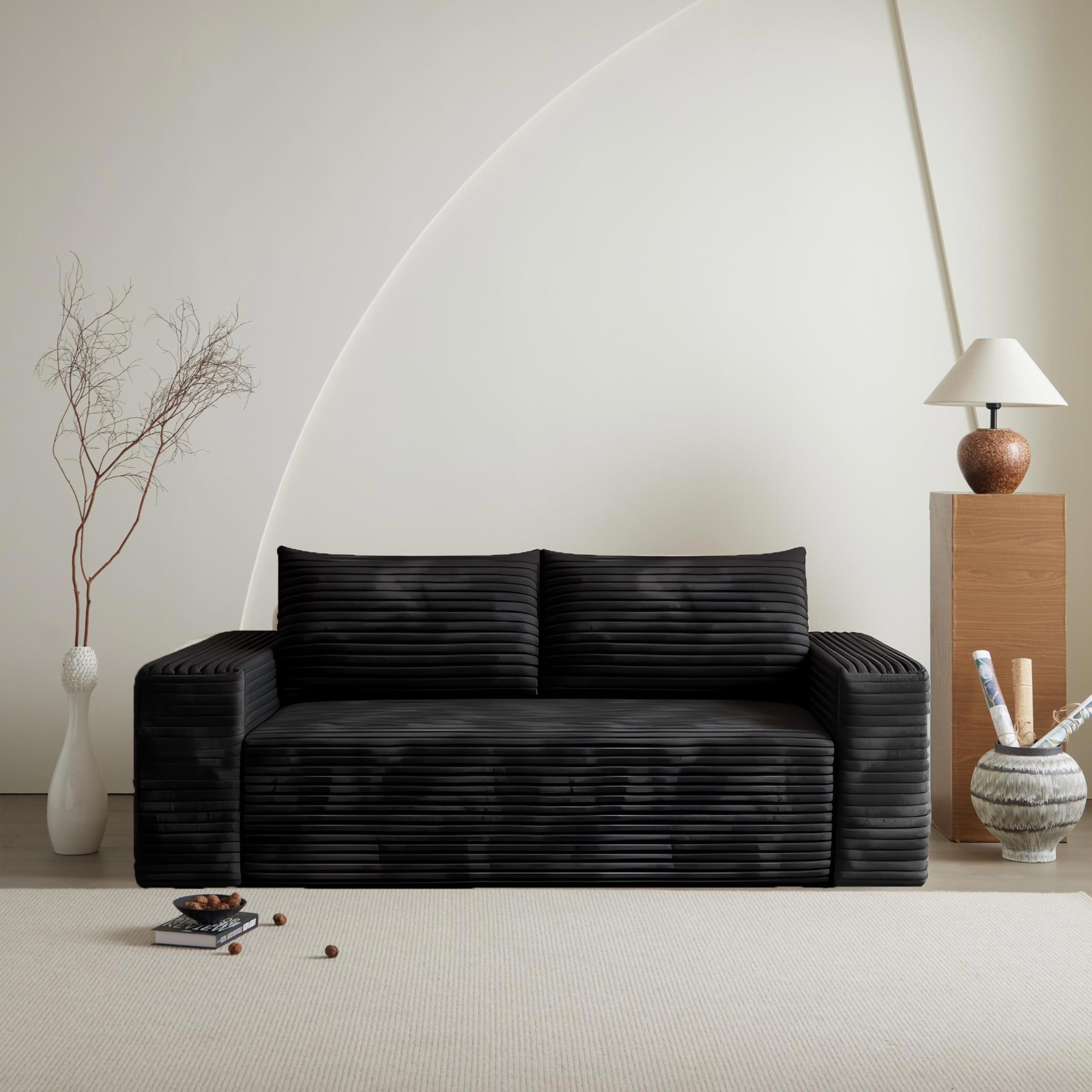 63" Boneless couch Loveseat Sofa Comfy Deep Seat Modern w/Black Plush Fabric gallery