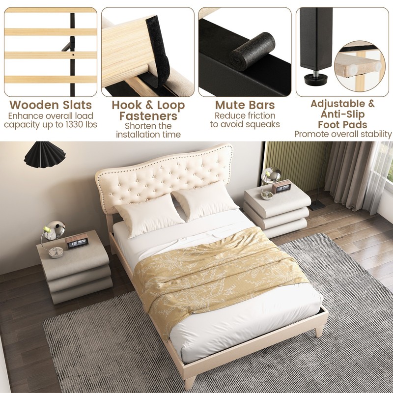 Queen Upholstered Platform Bed Frame Button-Tufted Headboard Mattress Foundation gallery