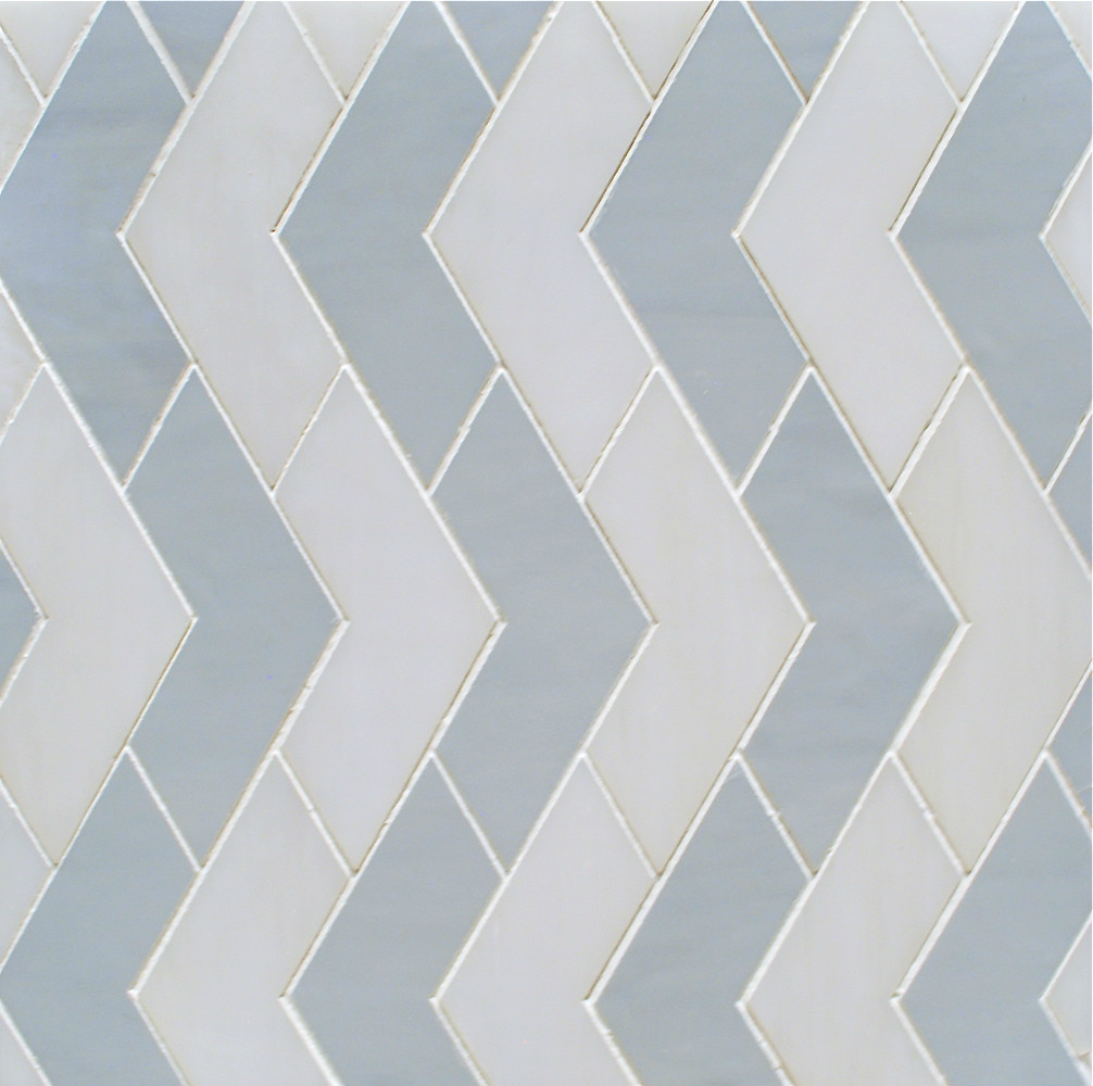 CHEVRON LIGHT GREY WITH WHITE GLASS TILE MOSAIC BACKSPLASH (SOLD BY THE SHEET) gallery