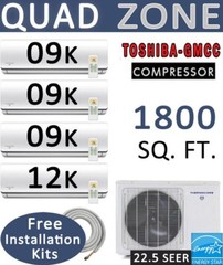 Quad Zone Ductless Mini Split Air Conditioner Heat Pump : 9000 x 3 + 12000 BTU