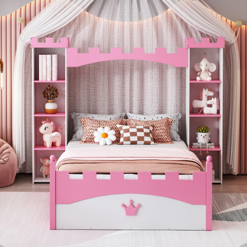 Castle-Shaped Platform Bed with Storage Shelves Both Side Wooden Bed Frames Twin gallery