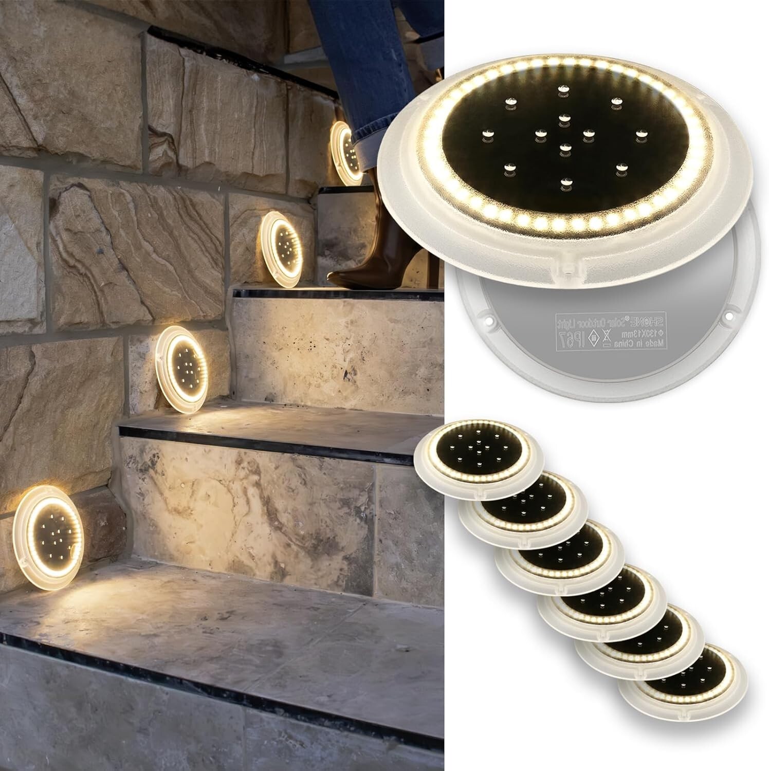 Solar Deck Lights, 8PC Round, IP67 Waterproof, Outdoor, Anti-Slip & Trip, White gallery