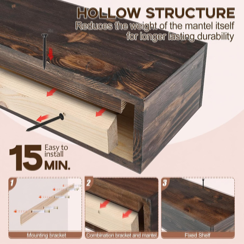 Rustic Dark Walnut Floating Fireplace Mantel Shelf - 48x8x5 Wall-Mounted Decor gallery