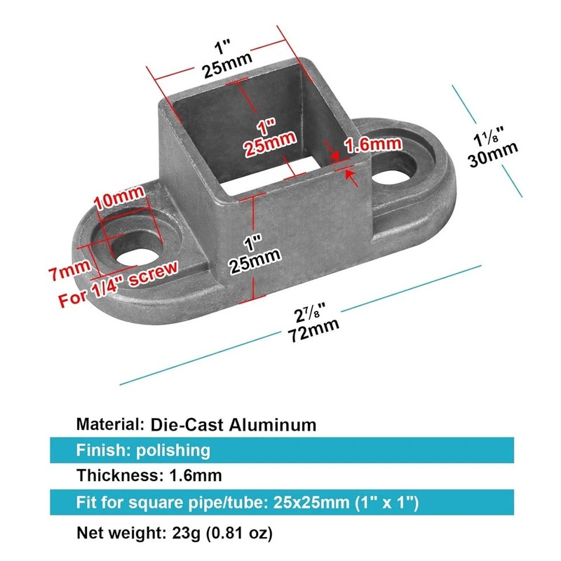 20 Pack Square Post Flange Base Fits 1" X 1" Sqaure Tube, Aluminum Wall Mount Ra gallery
