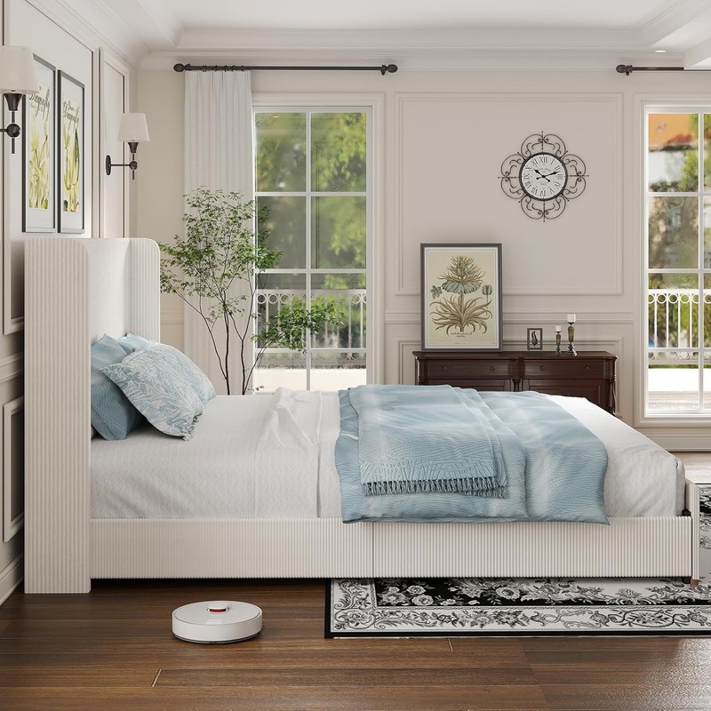 Wingback King Size Bed Frame Platform Bed with Corduroy Upholstered Headboard gallery