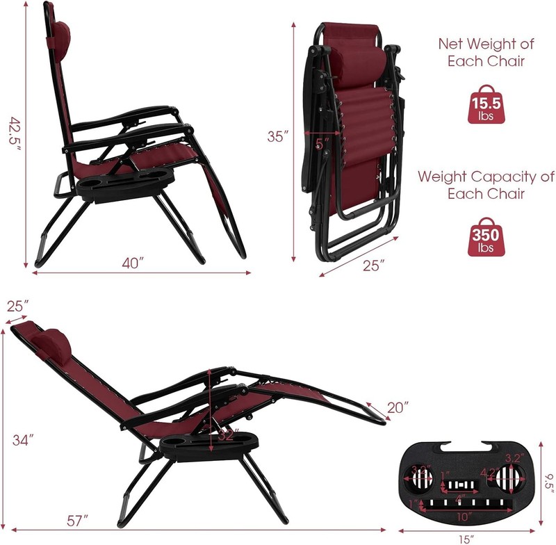 Zero Gravity Lounge Chairs, 160°Adjustable Folding Recliner w/Pillow and Cup ... gallery