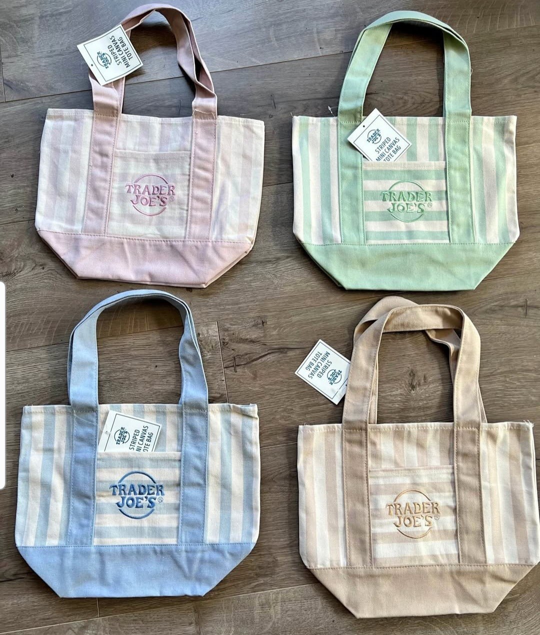Trader Joe's Striped Mini Pastel Tote Bag Set, 4 Pack Canvas Reusable Multicolor gallery