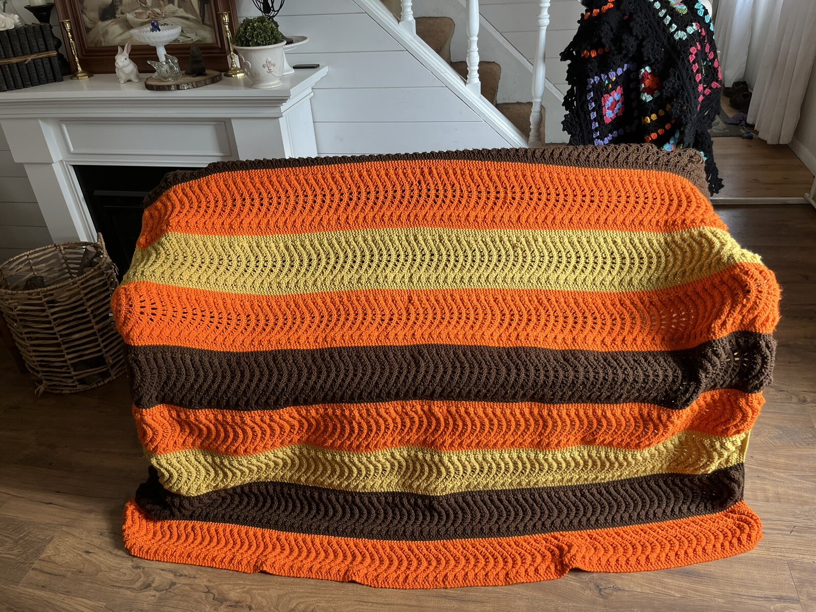 Vtg Crocheted Afghan Throw Blanket Fall Halloween Orange Yellow Brown 78x82 gallery