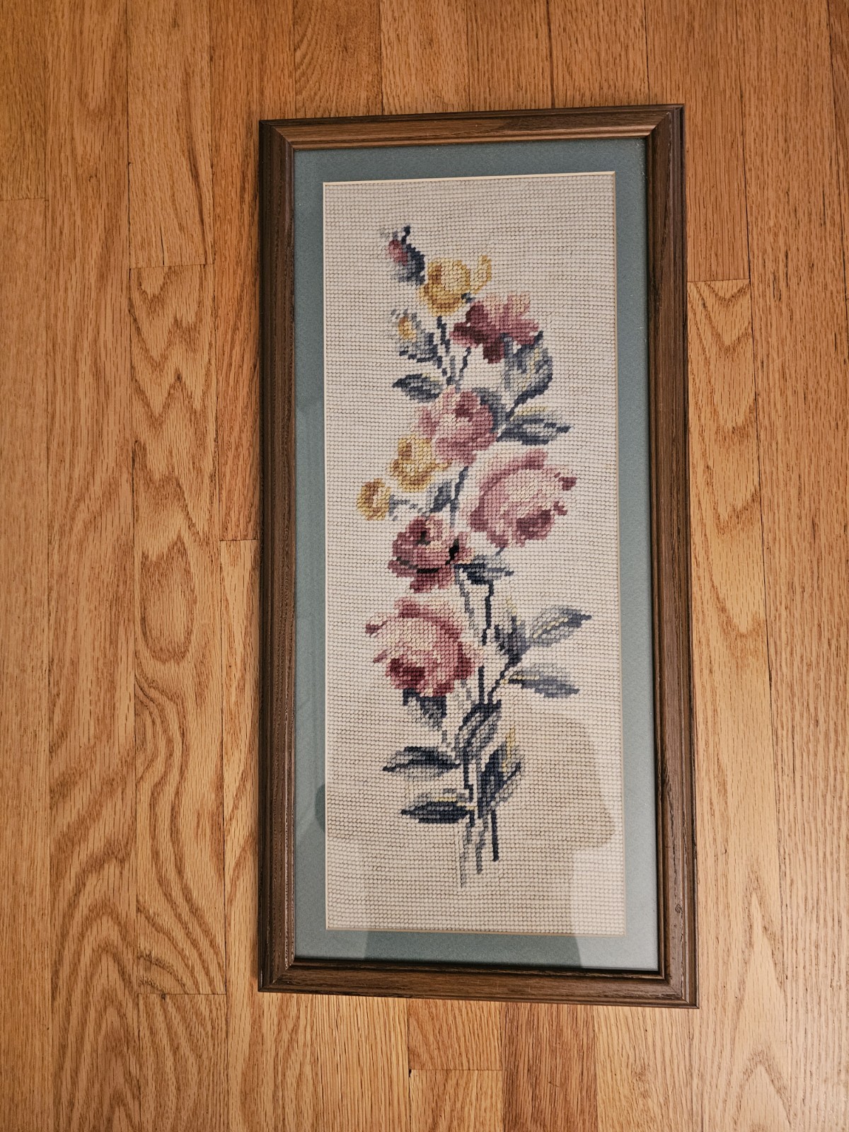 Vintage Floral Needlepoint Roses Framed W/ Glass 10.5"x21.5" gallery