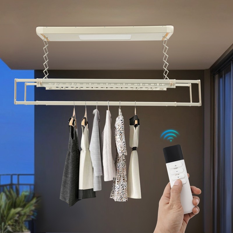 Ceiling-mounted Clothesline, Resealable Vertical Drying Rack W/ Light 8 Rods gallery