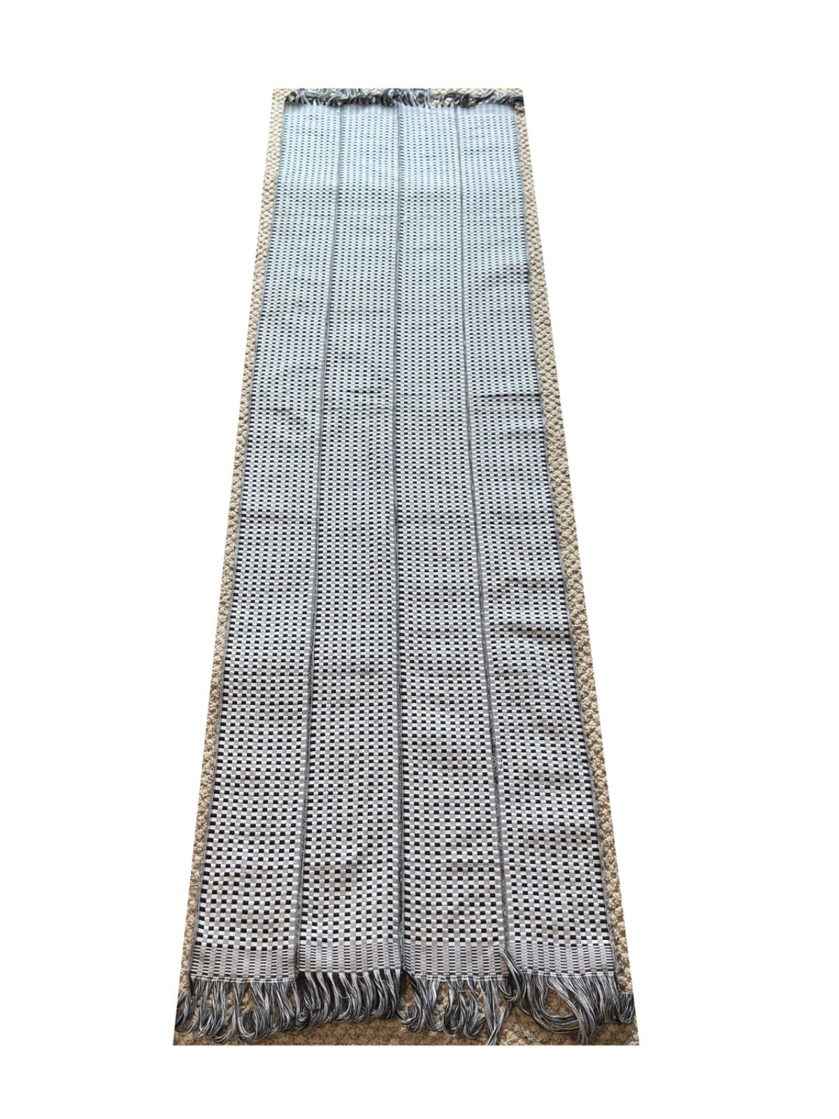 West African Loom-Woven Table Runner Black & White Checker " x 18" Fringe gallery