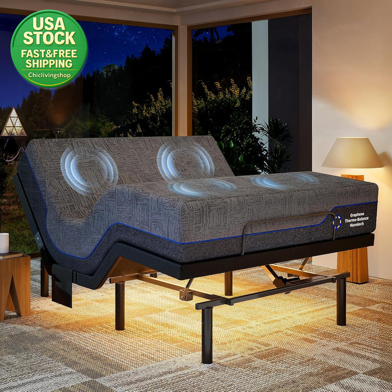 Queen Adjustable Bed Frame Massage USB Ports LED Light Head Foot Incline gallery