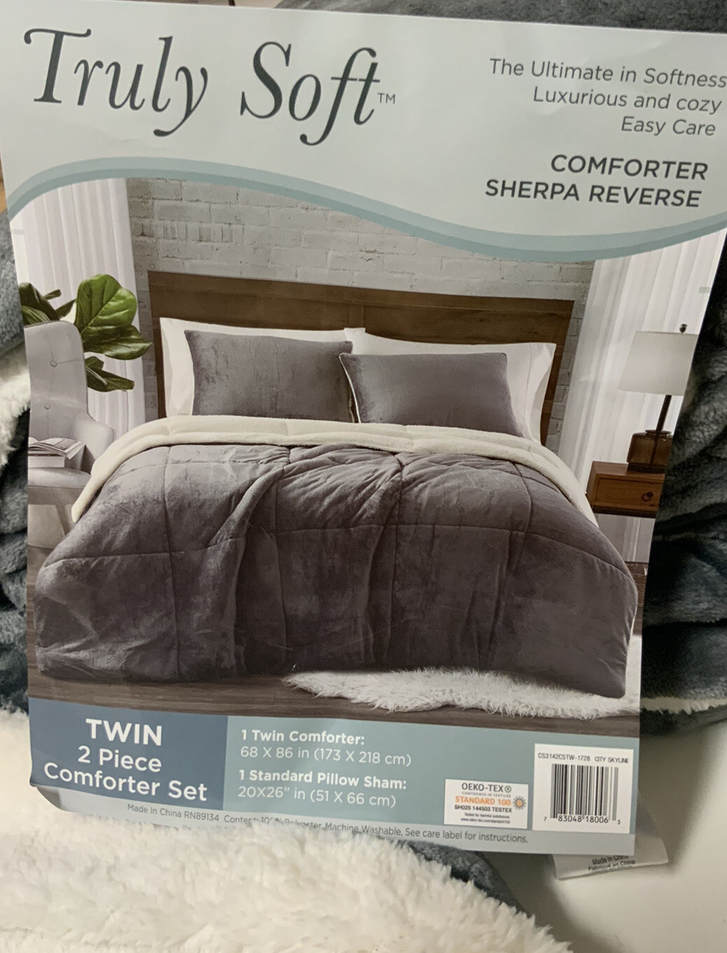 🔰 Truly Soft Comforter Set, 2pc, Sherpa Reverse Twin Size, Dark Gray 🆕 gallery