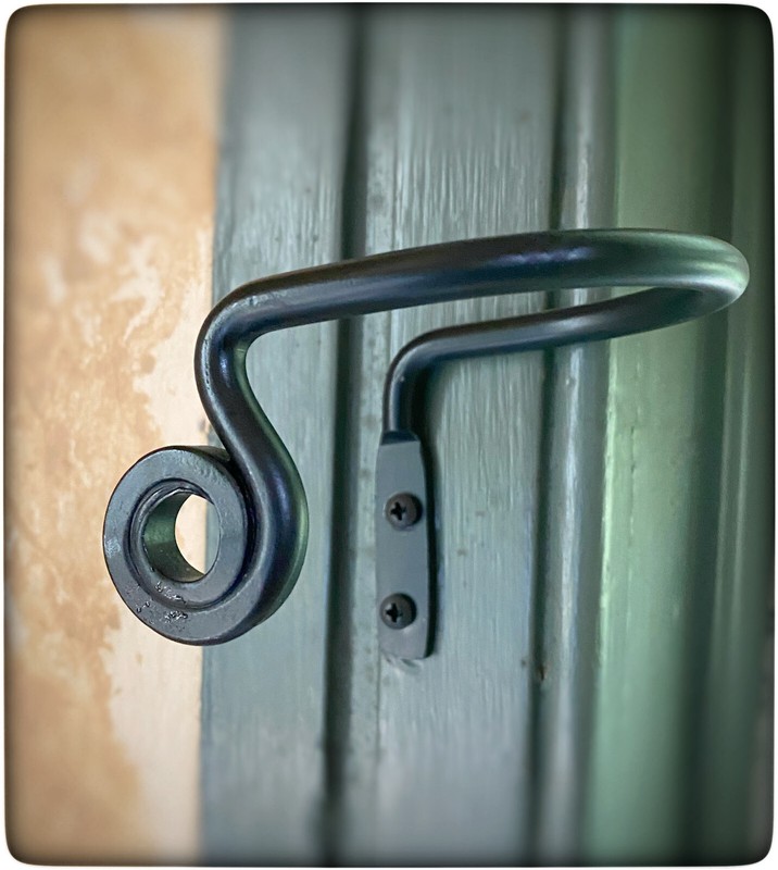 CURTAIN TIE BACKS - 2 Solid Wrought Iron Amish Hand Forged Scroll Holdback Hooks gallery