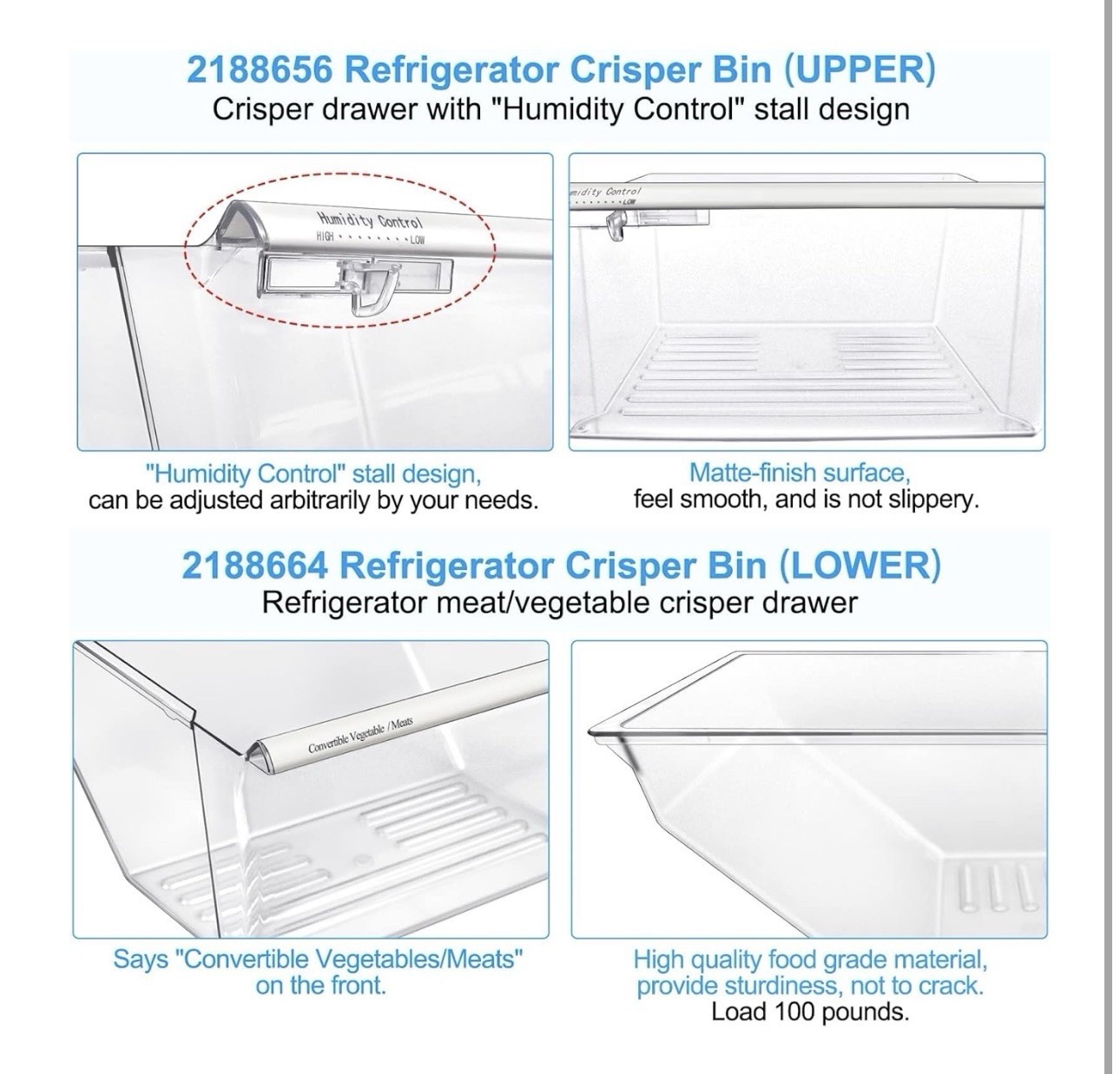 [2 Pack] Upgraded 2188656 Fridge Crisper Drawer Humidity Control Drawer UPPER & gallery