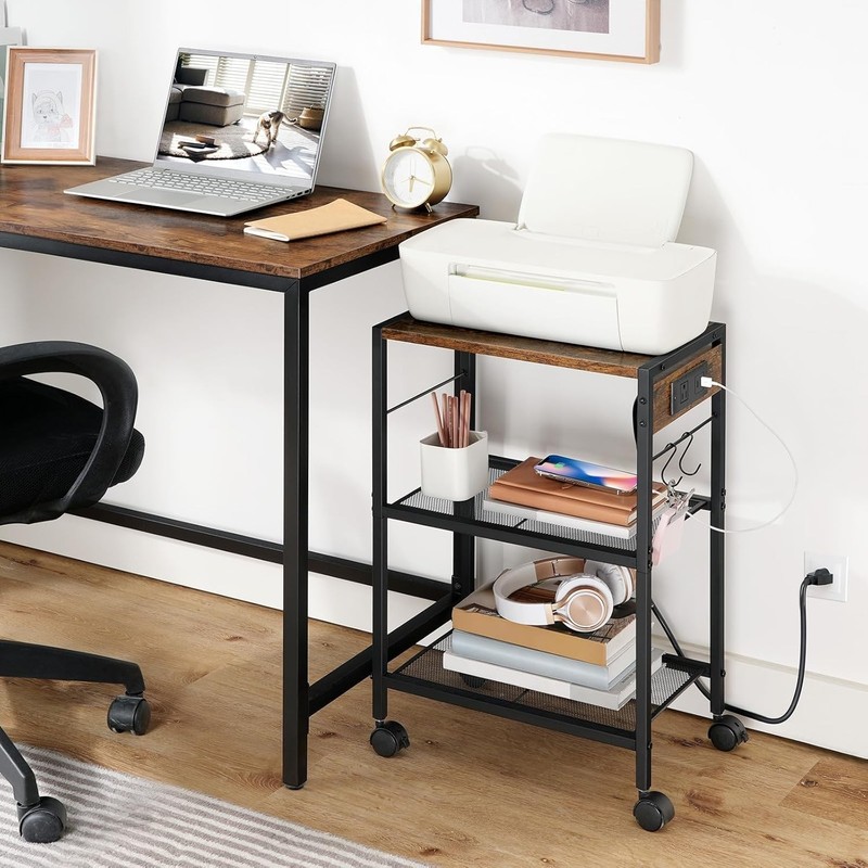 3-Tier Rustic Mobile Printer Stand with Charging Station - Space-Saving Design gallery