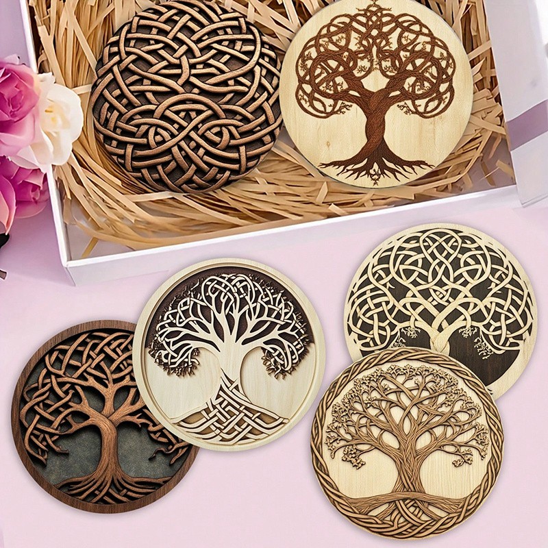 Rustic Tree of Life Rubber Coaster Set Vintage Wood Effect for Kitchen Decor gallery