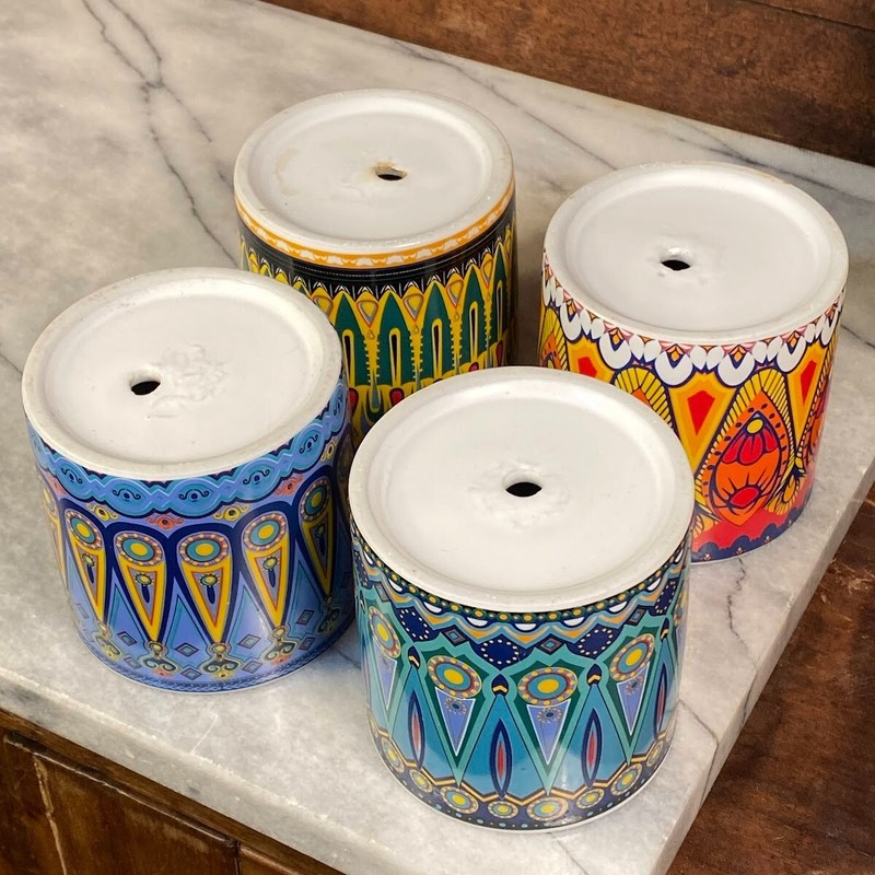 Ceramic Succulent Cactus Indoor Pot Red Blue Yellow Mandala Pattern ~ Set of 4 gallery