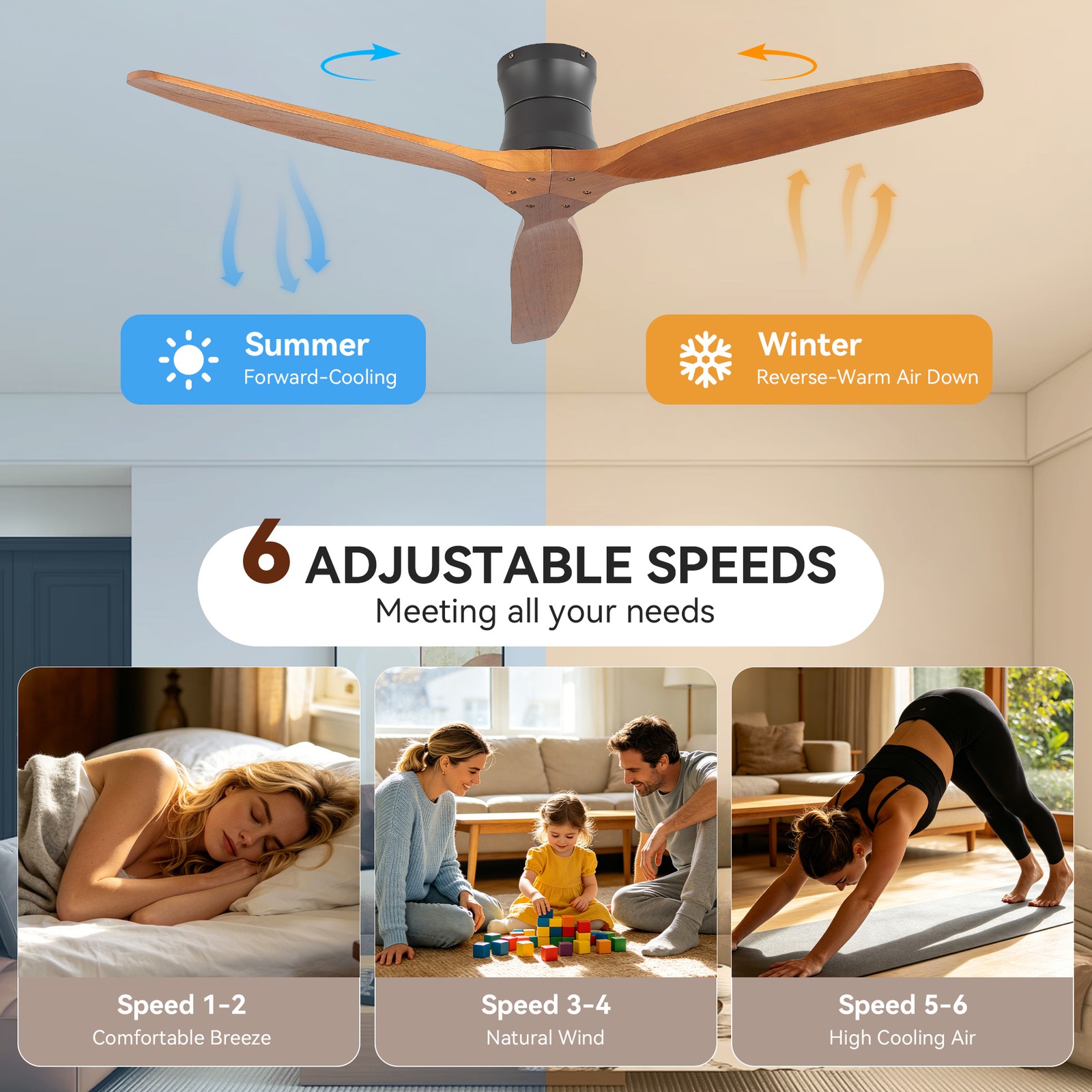 Outdoor Solid Wood Low Profile Flush Mount Ceiling Fan No Light Reversible DC gallery