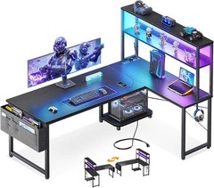 Reversible L-Shaped Computer Desk Gaming Desk with LED Lights and Power Outlets