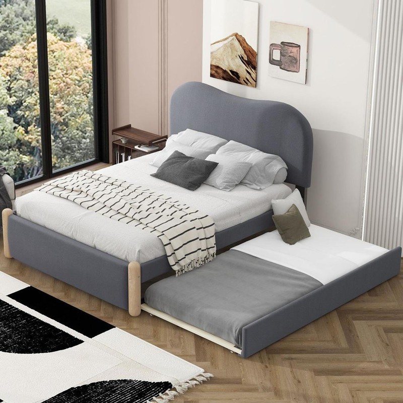 Full Size Upholstered Platform Bed with Wood Supporting Feet&Twin Size Trundle gallery