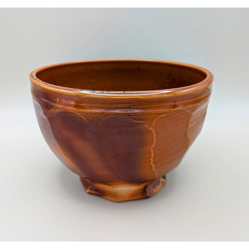 Vintage signed dated studio pottery bowl glossy matte glaze brown speckles gallery