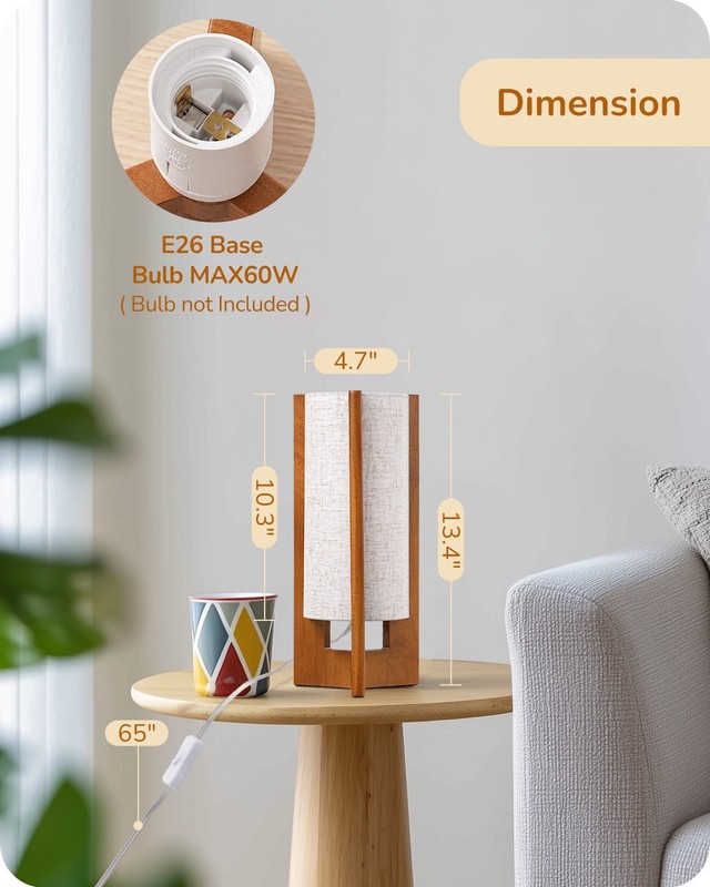 EDISHINE Small Corner Table Lamp Compact for Nightstand Walnut Wood gallery