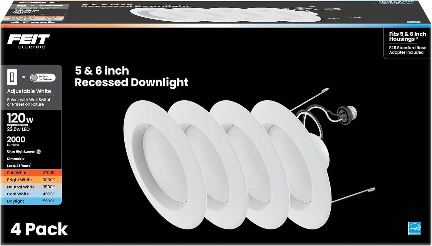 Dimmable 5/6" LED Recessed Downlight Retrofit Kit, 4 Pack, 2700K-5000K gallery