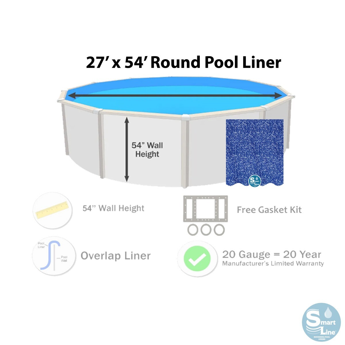 Smartline 27' x 54" Round Swimming Pool 20 Gauge Overlap Liner - Choose Pattern gallery