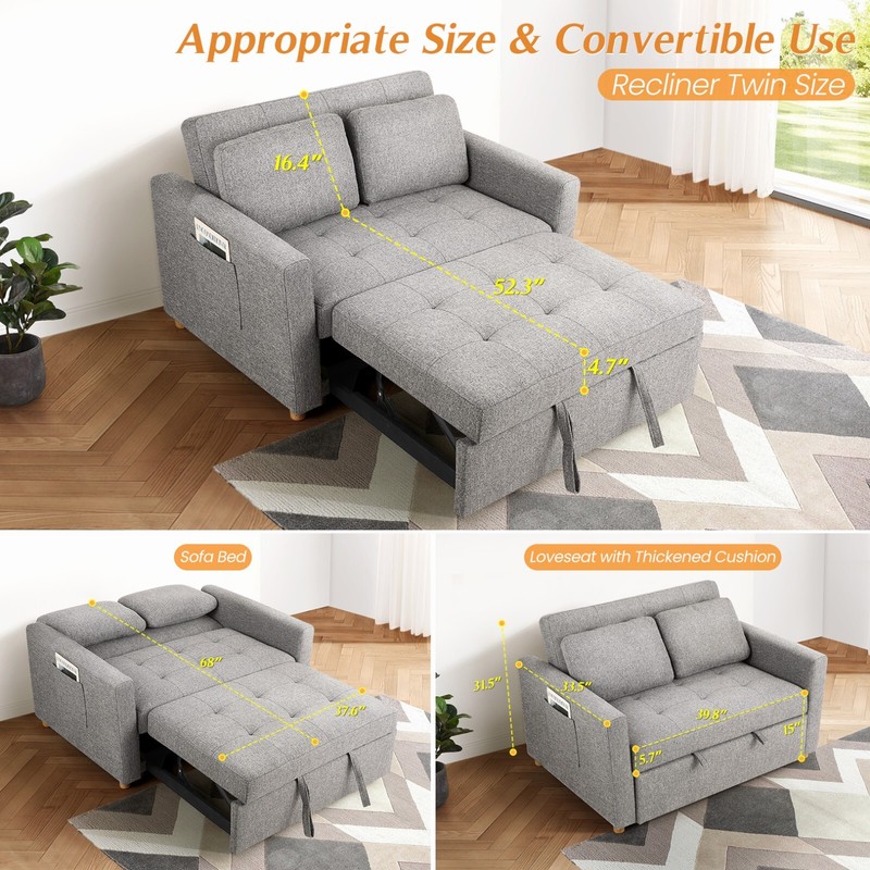 3-in-1 Convertible Pull Out Sleeper Sofa Bed with Storage Pockets & 2 Pillows US gallery