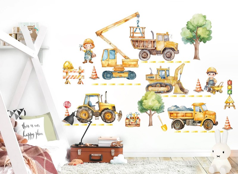 Construction Vehicles Road Wall Decal – Watercolor Diggers, Trucks & Tool- BR466 gallery
