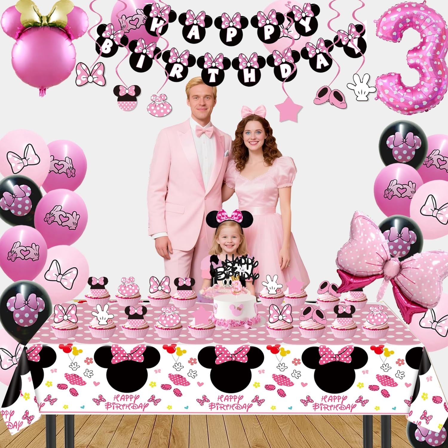 Pink Mouse 3rd Birthday Party Supplies, Three Years Old Girl Bow Party Decora... gallery