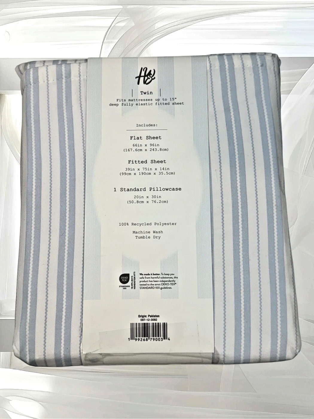 Harlow & Wren 3 Piece Sheet Set Blue White Stripes Resists Wrinkles Fits 15" gallery