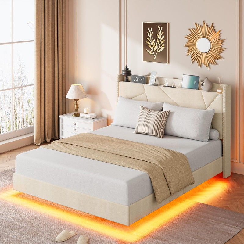 🔝Full Queen King Floating Bed Frame Upholstered W/ LED Lights Storage Headboard gallery