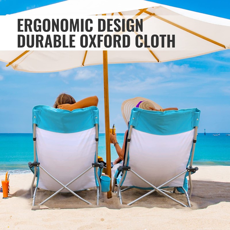VILLEY 2-Pack High Back Folding Beach Chair Low Beach Chair Cup Holder Carry Bag gallery