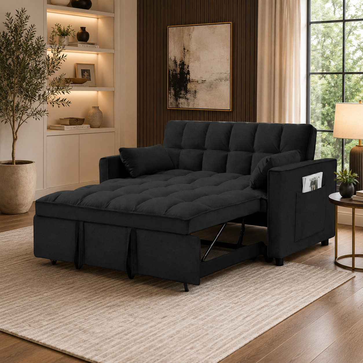 3-in-1 Sleeper Sofa Bed Black Velvet Pull Out Futon Loveseat Couch gallery