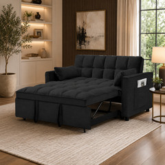 3-in-1 Sleeper Sofa Bed Black Velvet Pull Out Futon Loveseat Couch