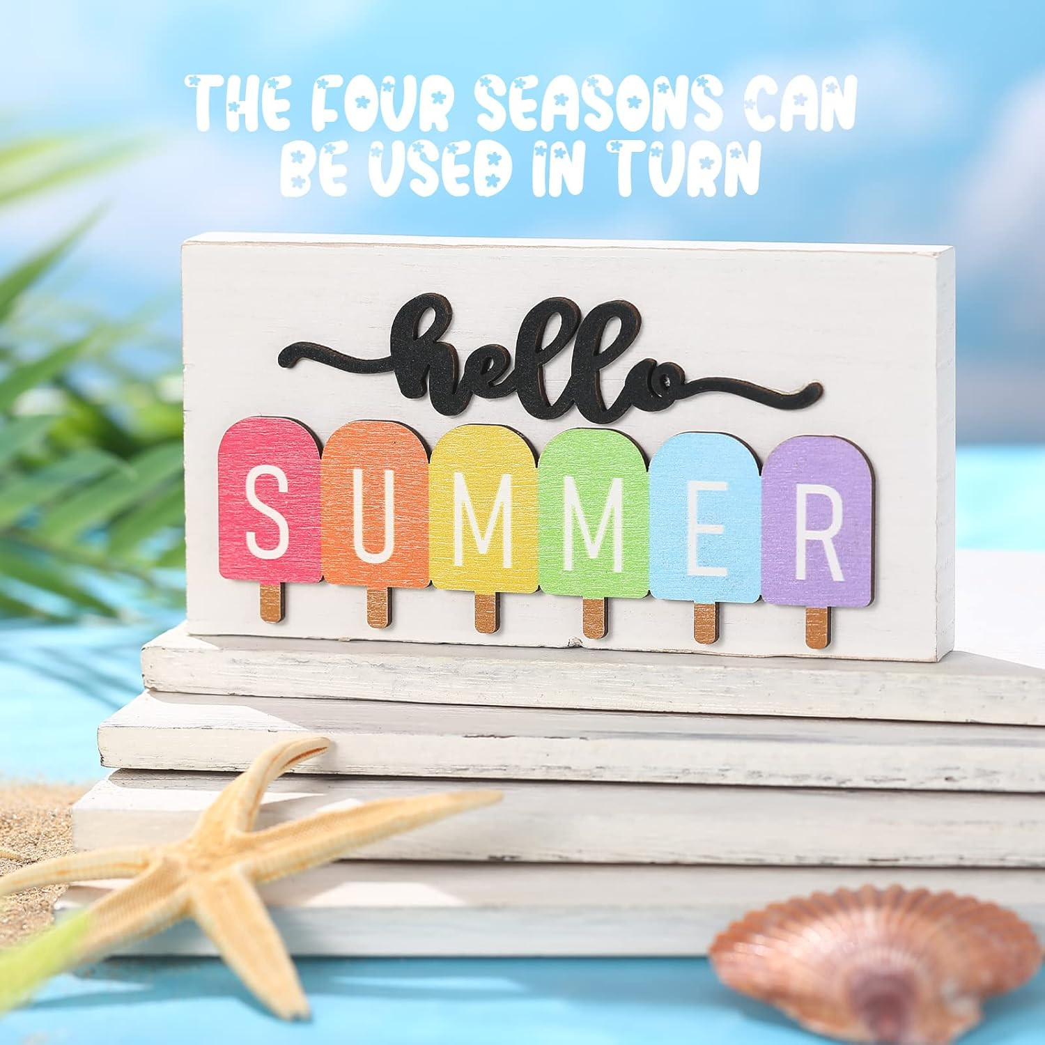 5 Pcs Hello Summer Interchangeable Sign Seasonal Sign Fall Winter Spring Tiered gallery