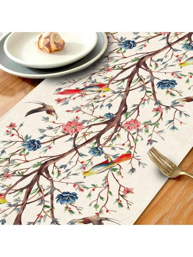 Floral Table Runner Spring Bird Print Dining Table Decor Cloth