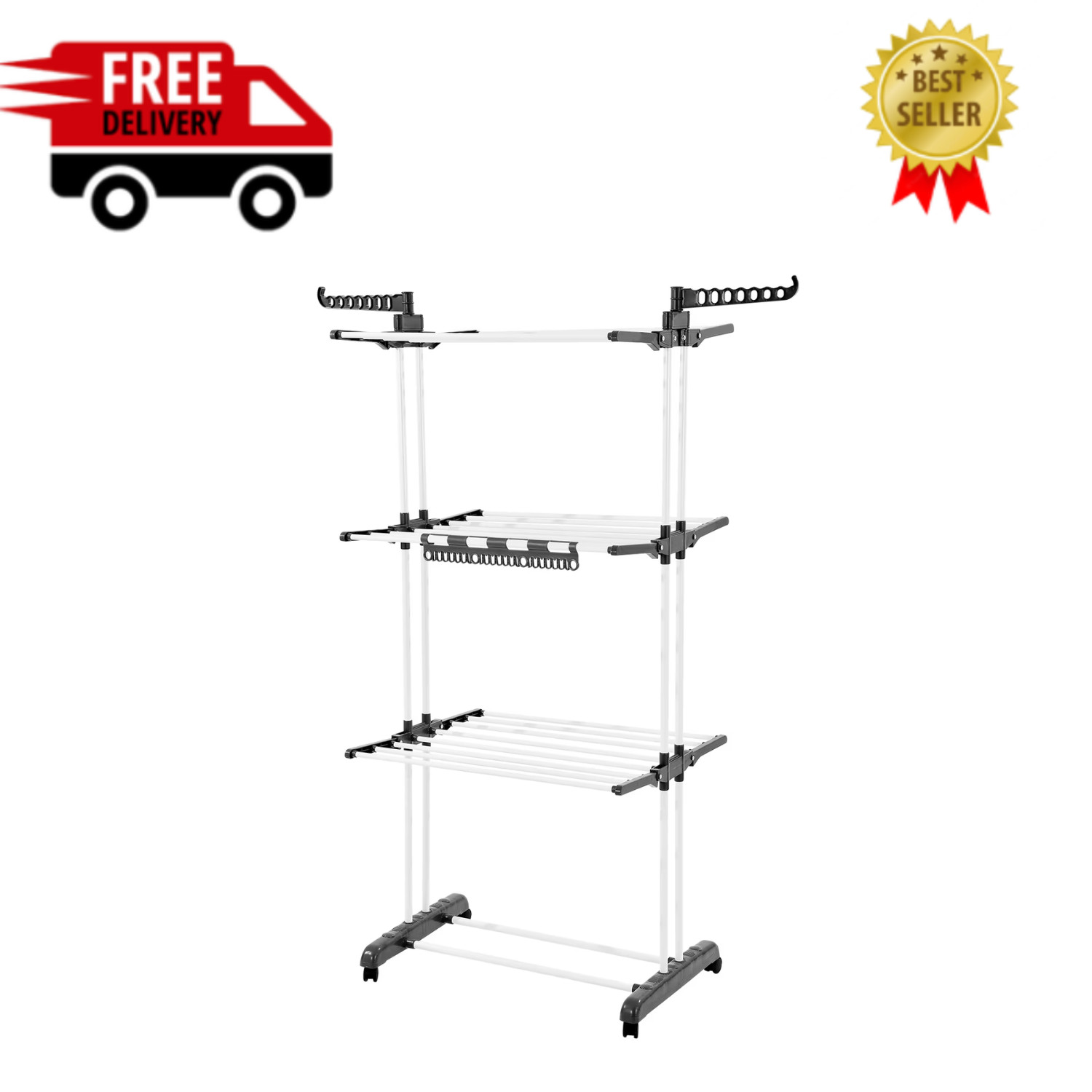 4 Tier Foldable Laundry Drying Rack 24 Rods Metal Clothes Dryer w/ Wheels gallery