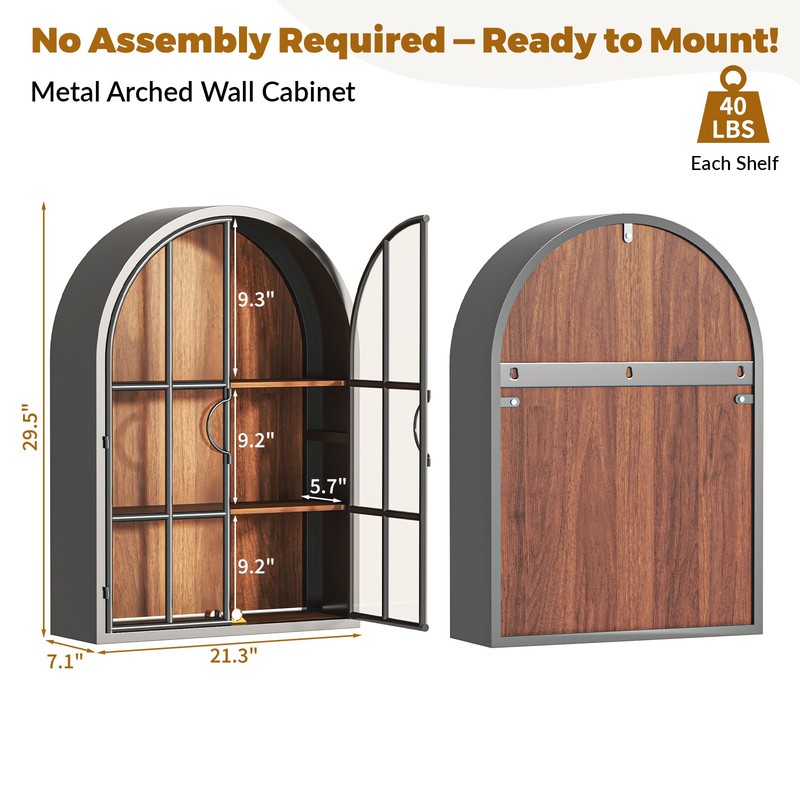 Fully Assembled Floating Storage Cabinet Arched Wall Display Cabinet Glass Door gallery