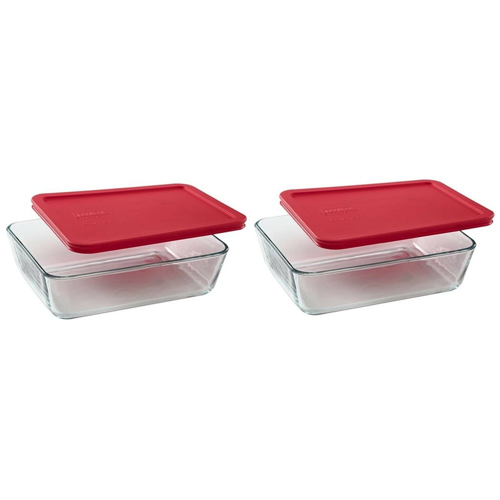 Pyrex 7211 6-Cup Rectangle Glass Storage Dish w/ 7211-PC Red Lid Cover (2-Pack)