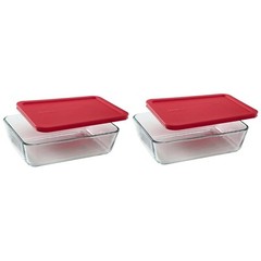 Pyrex 7211 6-Cup Rectangle Glass Storage Dish w/ 7211-PC Red Lid Cover (2-Pack)