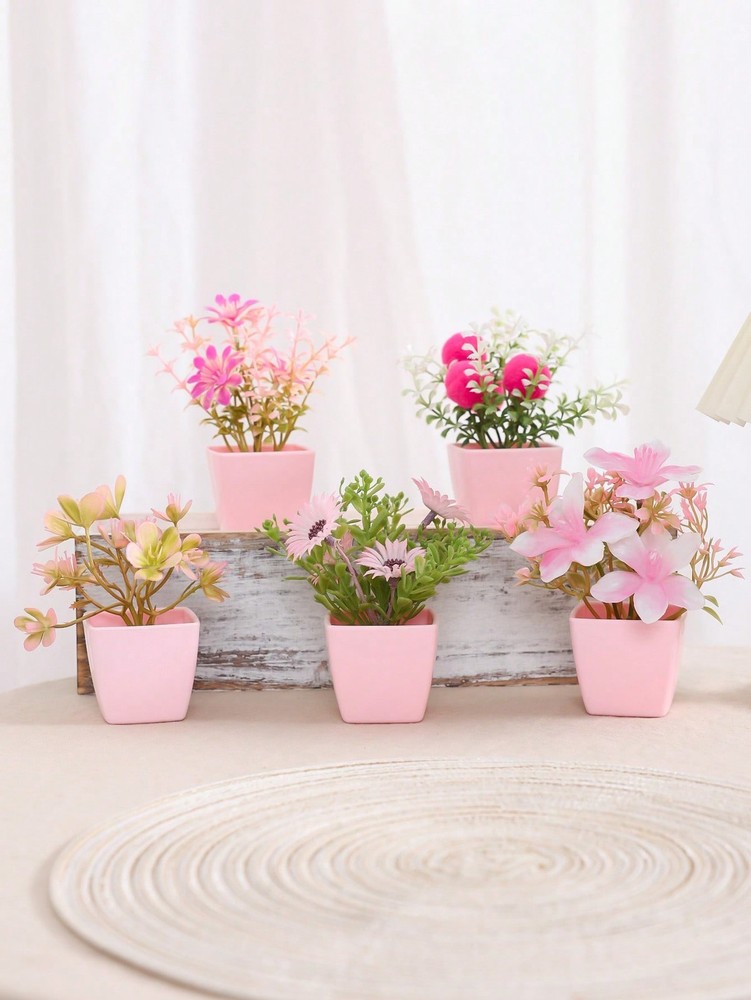 5pcs Mini Pink Artificial Potted Plants 240032ZH5-5pcs Home Decor Gift