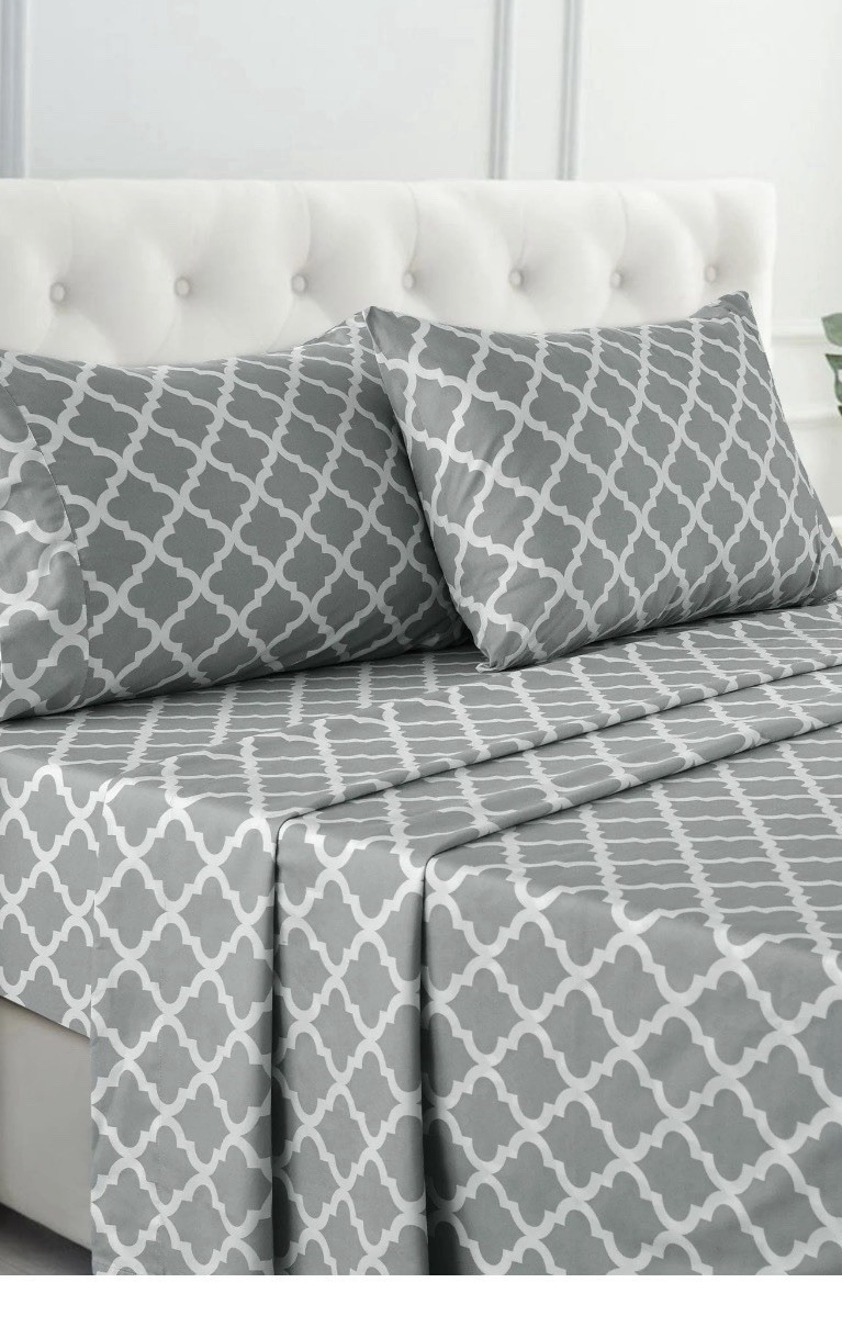 New/ Lux Decor Collection Full 4pc Quatrefoil Sheet Set Grey White Microfiber gallery