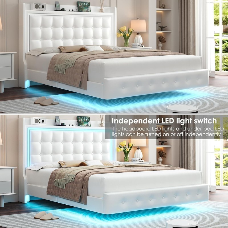 Queen Floating Bed Frame with LED Lights and Charging Station, Pu Leather Platfo gallery