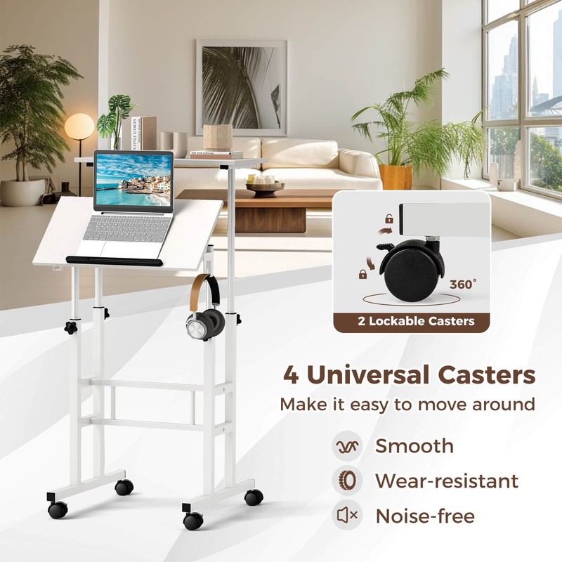 Height Adjustable Mobile Standing Desk w/Tiltable Desktop & 2 Hanging Hooks gallery