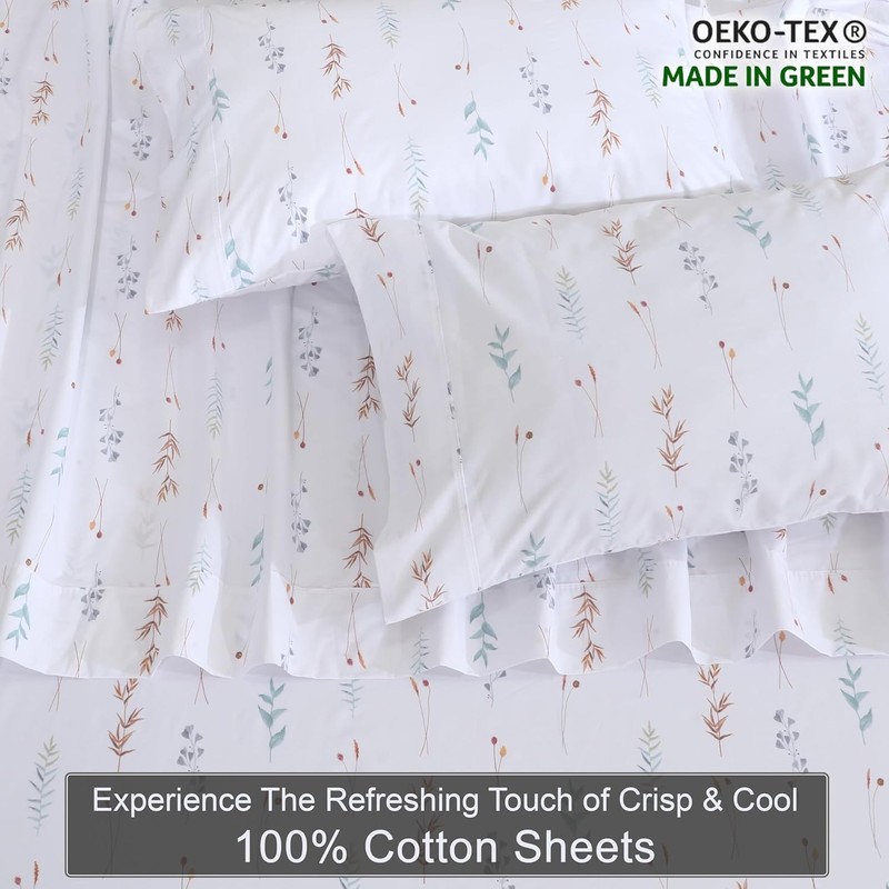 Queen Size 100% Cotton Percale Sheets Set - Cooling, Breathable Floral Design gallery