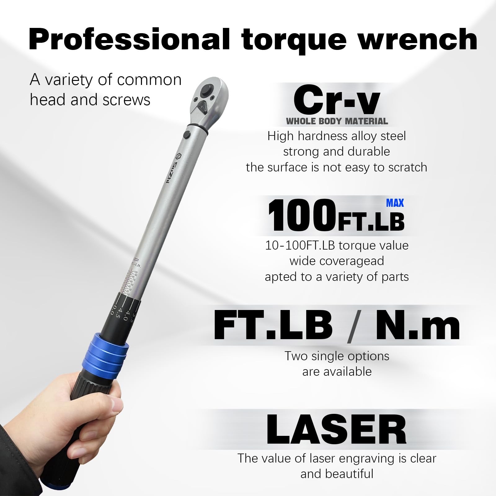 3/8 Inch Drive Torque Wrench 10-100ft.lb/13.6-135.6Nm, 72 Teeth, Longer 18.3'... gallery