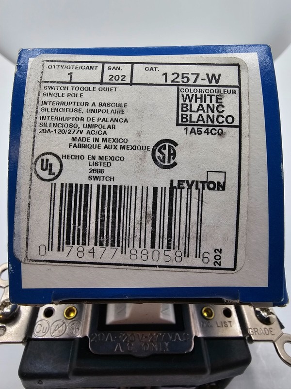 Leviton 20A 120/277-Volt Toggle Single-Pole AC Quiet Switch, White 1257-W gallery